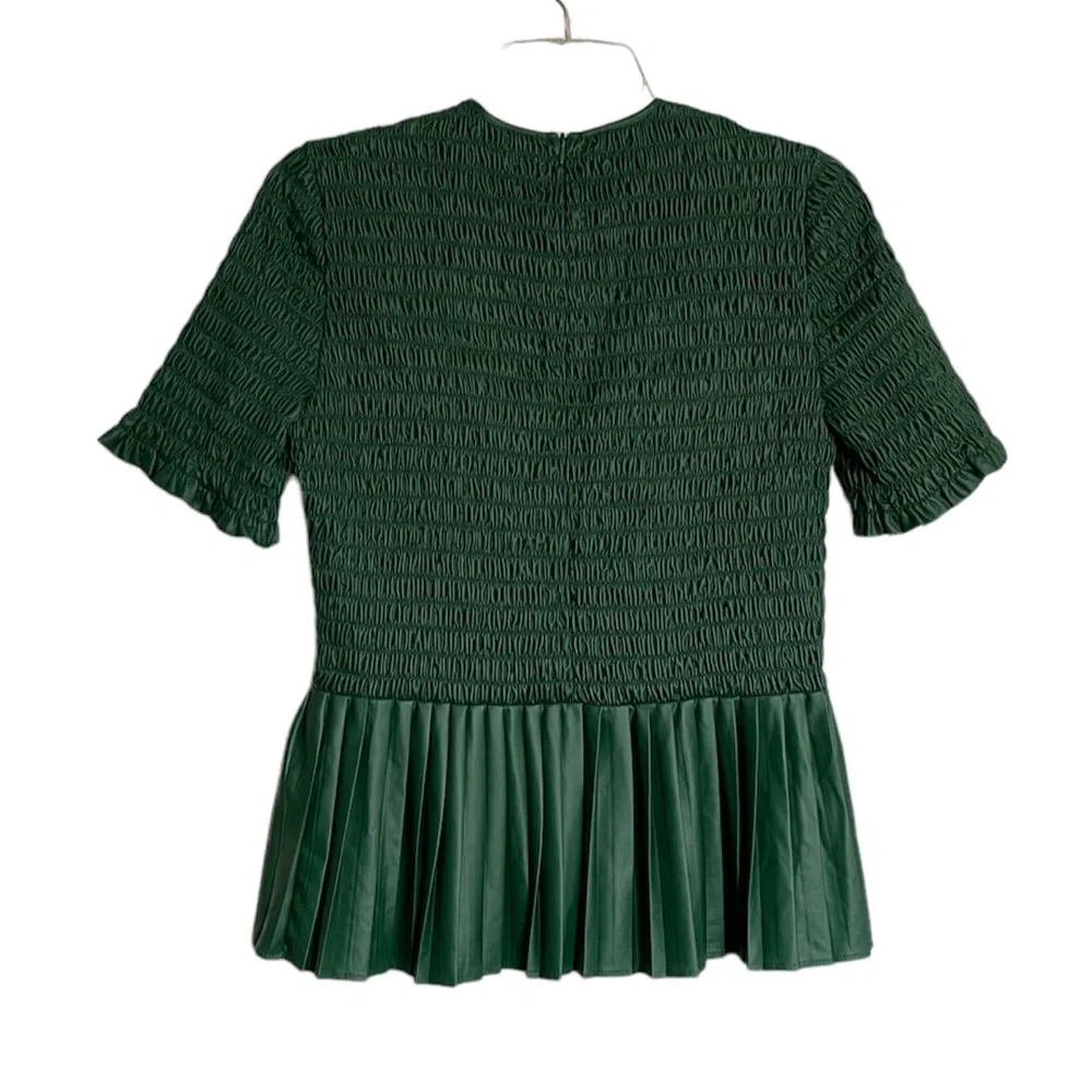 ZARA Faux Leather Peplum Smocked Bodice Top NEW - Picture 7 of 11